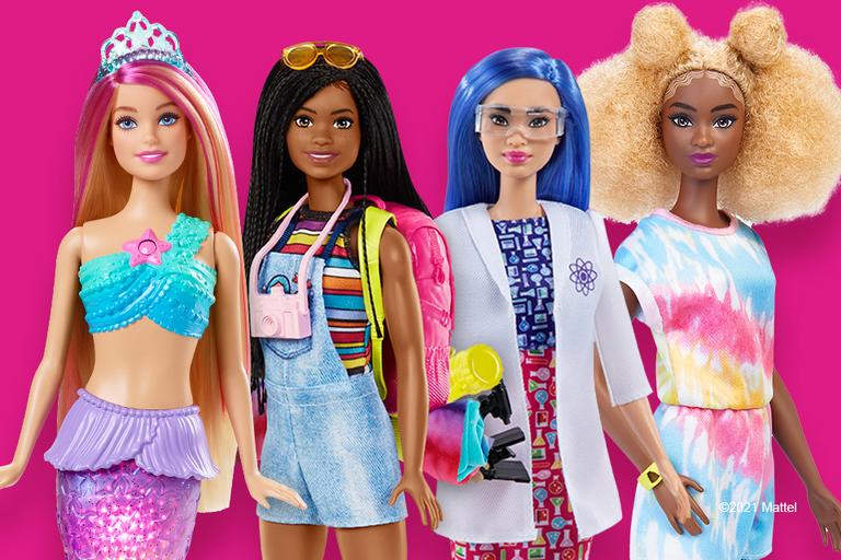 4 Barbie dolls featuring a mermaid, a scientist, a camper and a colour reveal doll.