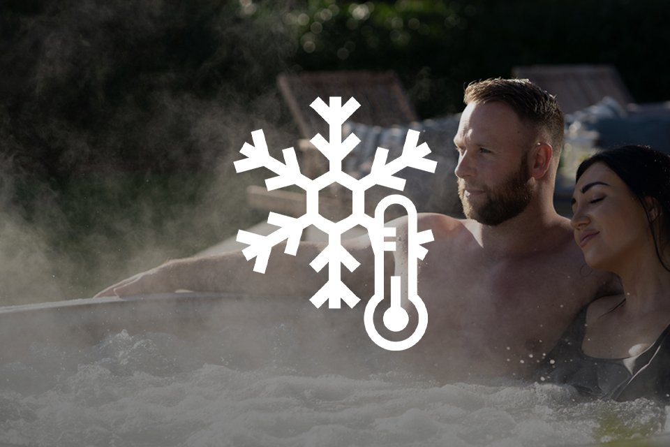 An icon of a snowflake and a thermometer indicating year round Lay-Z-Spa hot tub usage.
