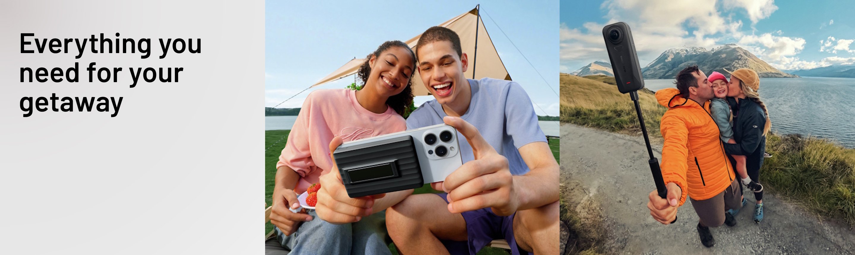 A split image of a couple looking at a phone connected to EcoFlow Rapid Mag 10000mAh Portable power bank outside a tent and family of 3 clicking a selfie using Insta360 X4 Air Action Camera.