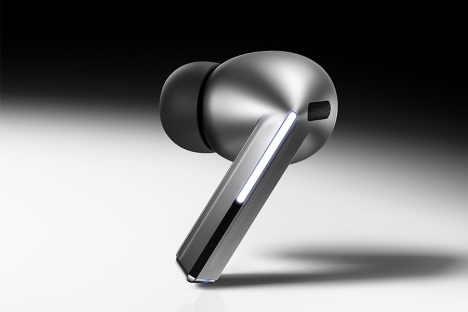 Samsung Galaxy Buds3 Pro in metal finish displayed.