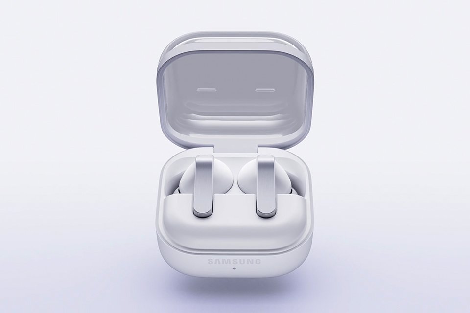 Samsung Galaxy Buds diaplayed inside the case against a white background. 