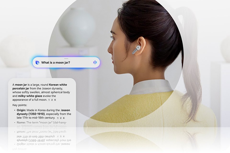 Samsung Galaxy Buds in ear with AI text overlay.