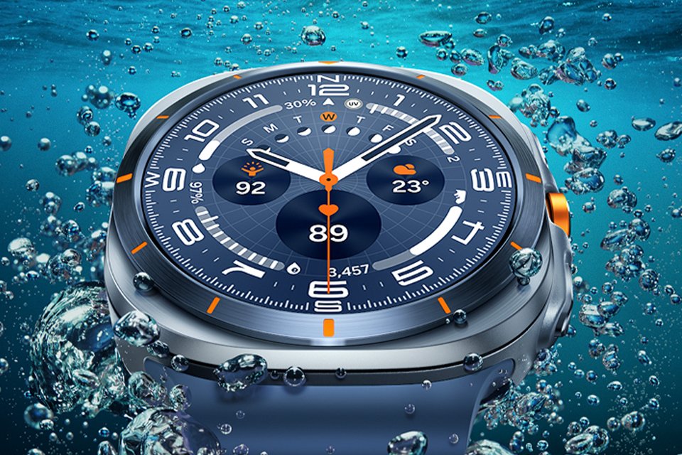 Samsung Galaxy Watch Ultra displayed against an aqua background. 