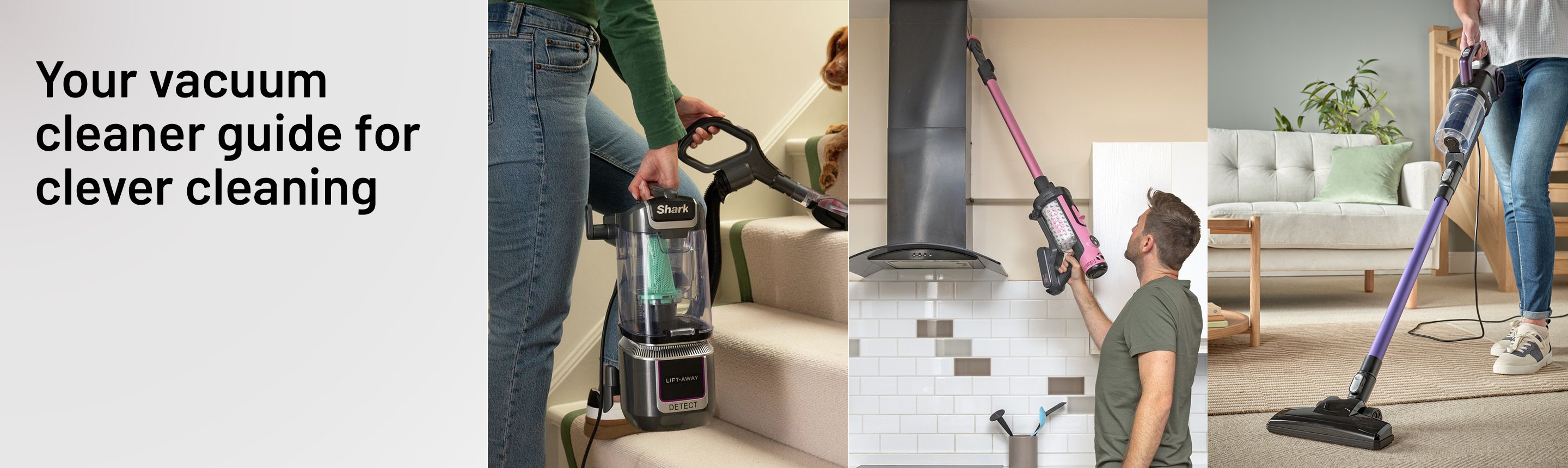 A picture collage of Shark Detect Pet Pro Corded Upright Vacuum Cleaner, Hetty Quick Cordless Vacuum Cleaner, and Bush 2-in-1 Corded Stick Vacuum Cleaner. 