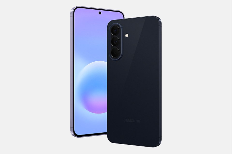 Front and back of Galaxy A57 5G mobile device displayed on grey background.