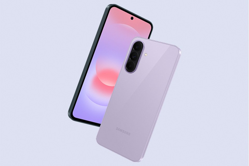 Front and back of Galaxy A37 5G mobile displayed device on lilac background.