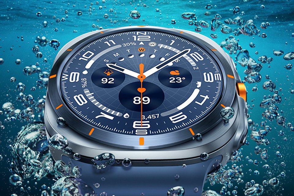 Samsung Galaxy Watch Ultra displayed against an aqua background.