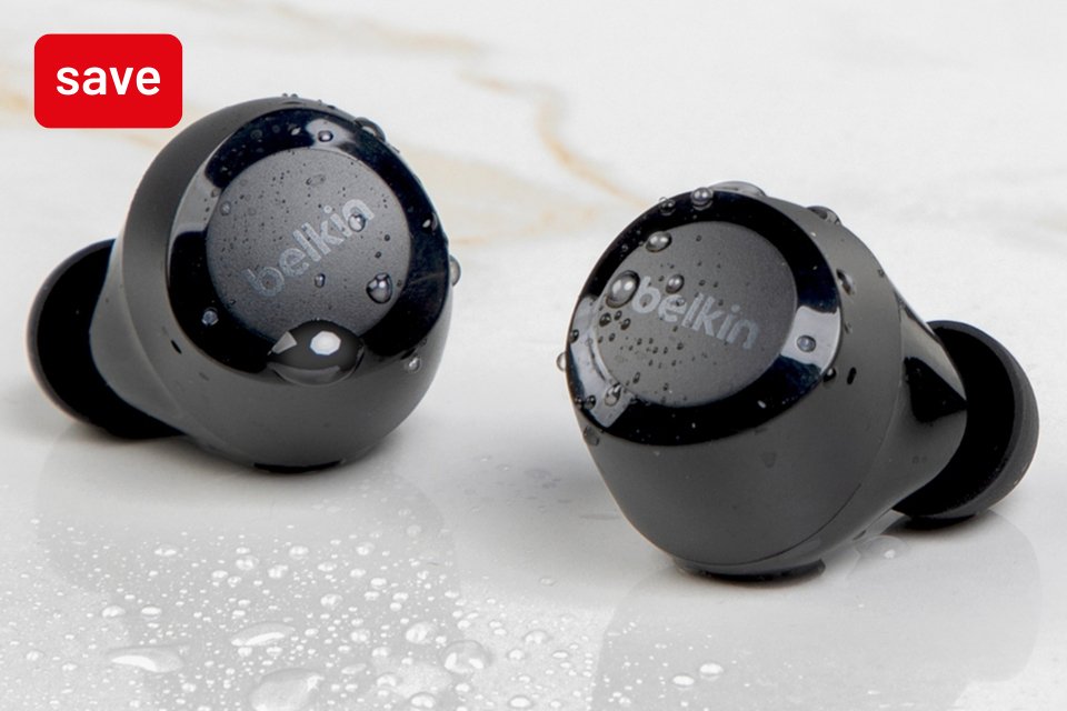 Save 25% on Belkin SoundForm Bolt TWS earbuds black.