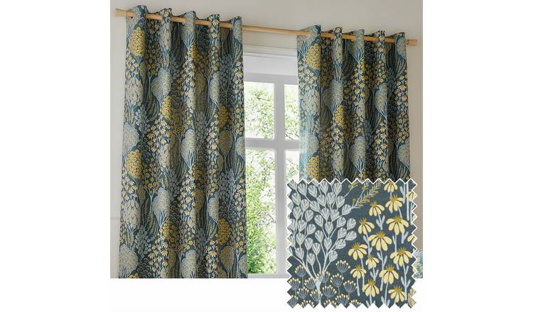 Wylder Ophelia Floral Eyelet Curtains - Blue and Saffron - 117x137cm