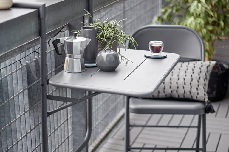 A space saving 2 seater metal balcony bistro set in grey. 