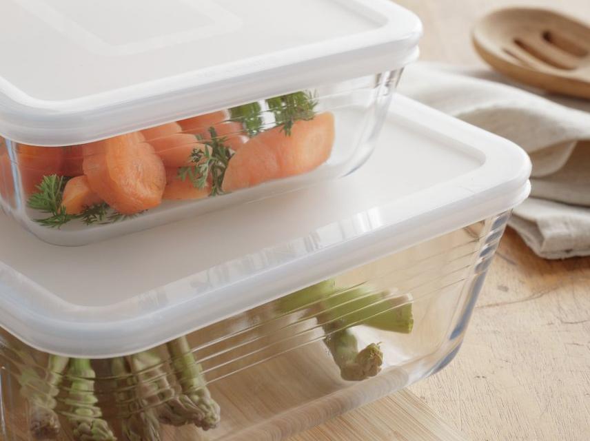 Two food storage containers stacked on top of each other.
