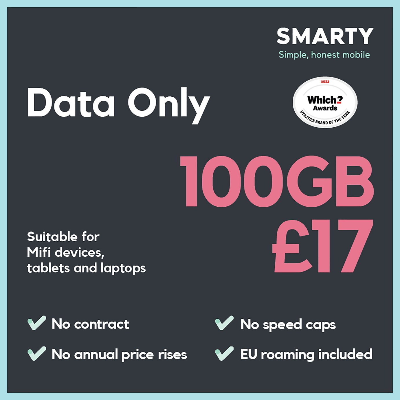 SMARTY 100GB 30 Day Pay As You Go Data Only SIM Card 