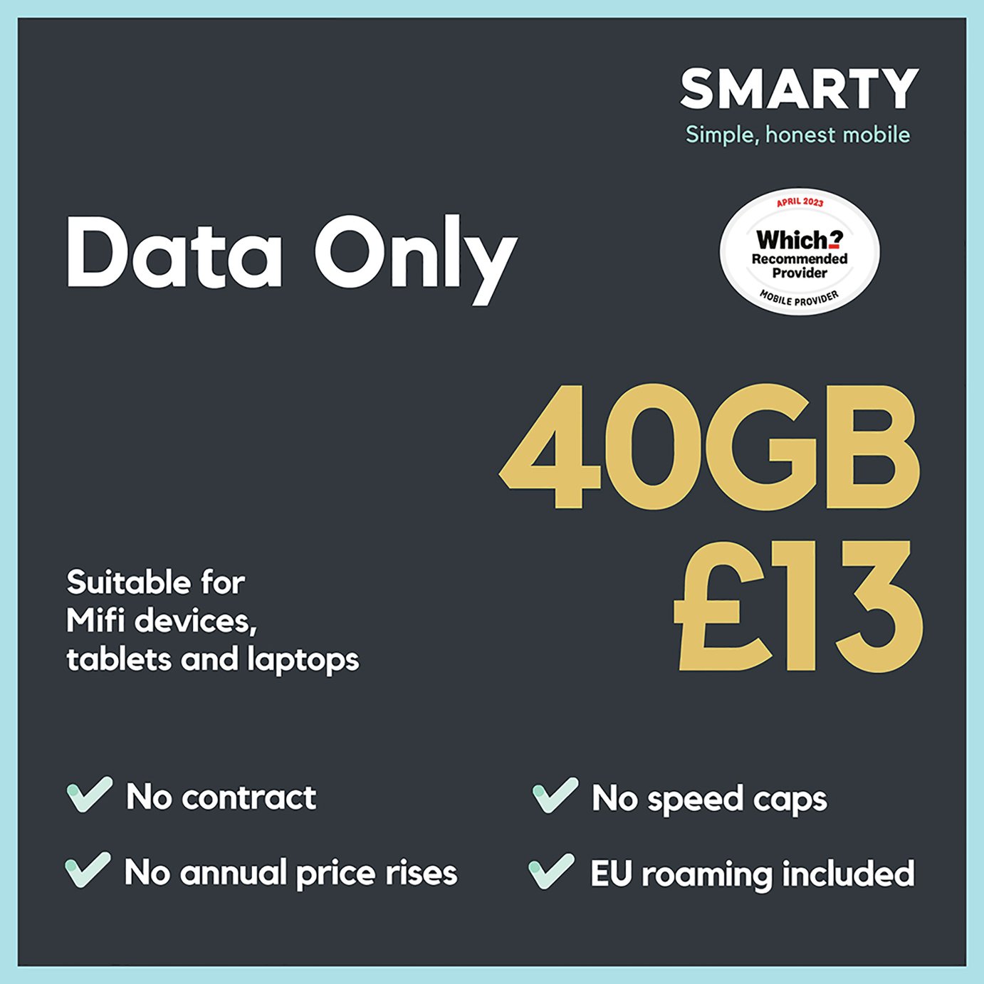SMARTY 40GB 30 Day Pay As You Go Data Only SIM Card 