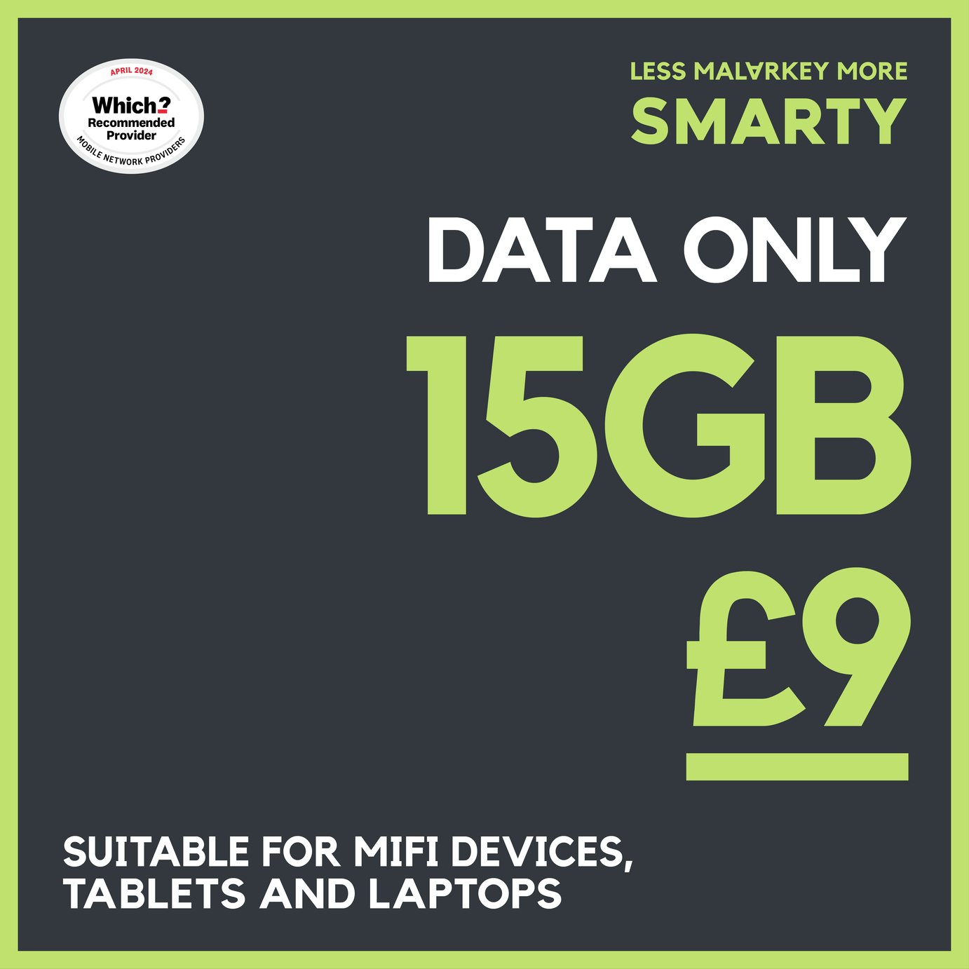 SMARTY 15GB 30 Day Pay As You Go Data Only SIM Card