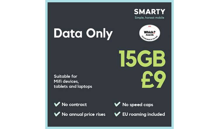SMARTY 15GB 30 Day Pay As You Go Data Only SIM Card