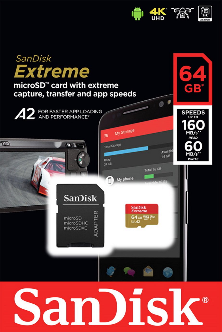 SanDisk Extreme 160MBs microSDXC Memory Card - 64GB