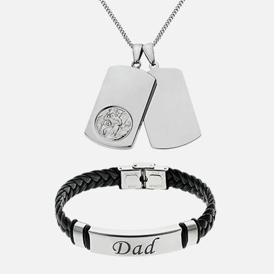 A Revere Men's Stainless Steel Leather St Christopher Bracelet and Revere Sterling Silver Solid Curb 18 Inch Chain.