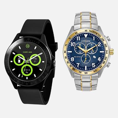 A Harry Lime Black Fashion Smart Watch and Citizen Men's Eco-Drive Stainless Steel Bracelet Watch.
