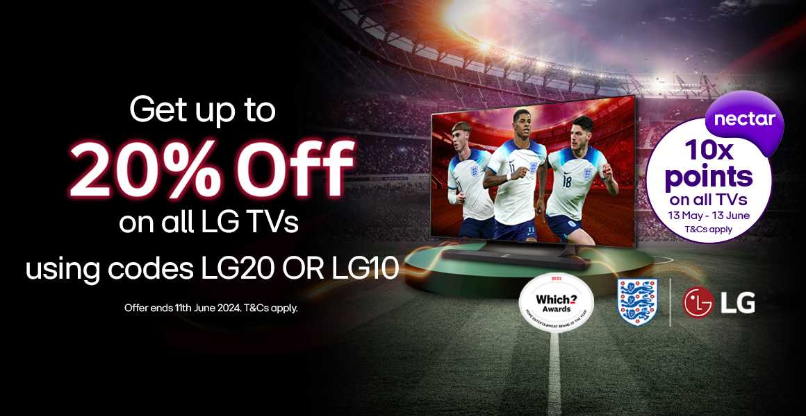 Get up to 20% off on all LG TVs using codes LG20 or LG10. Offer ends 11 June 2024 T&C apply. 