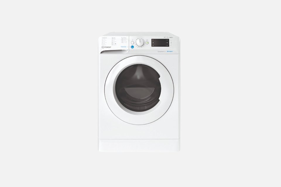 A white Indesit 10/7kg spin washer dryer. 