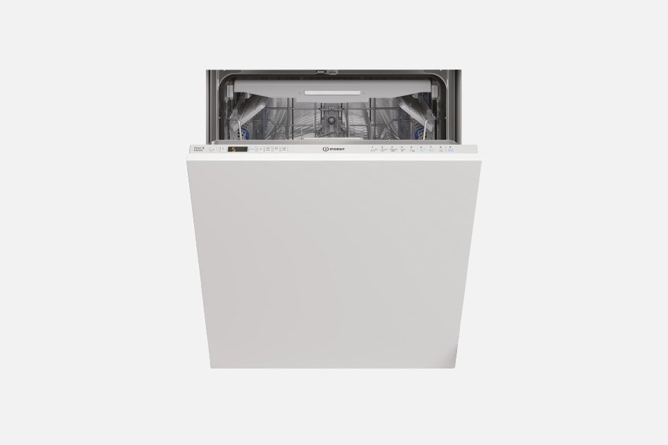 An white Indesit full size intergrated diswasher. 