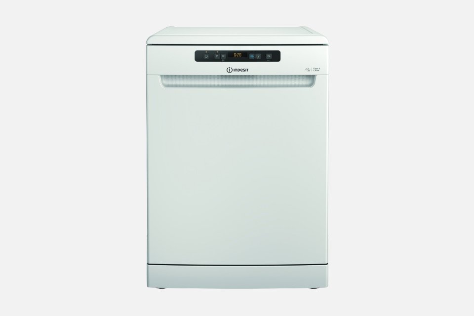 A white Indesit full size freestanding dishwasher. 