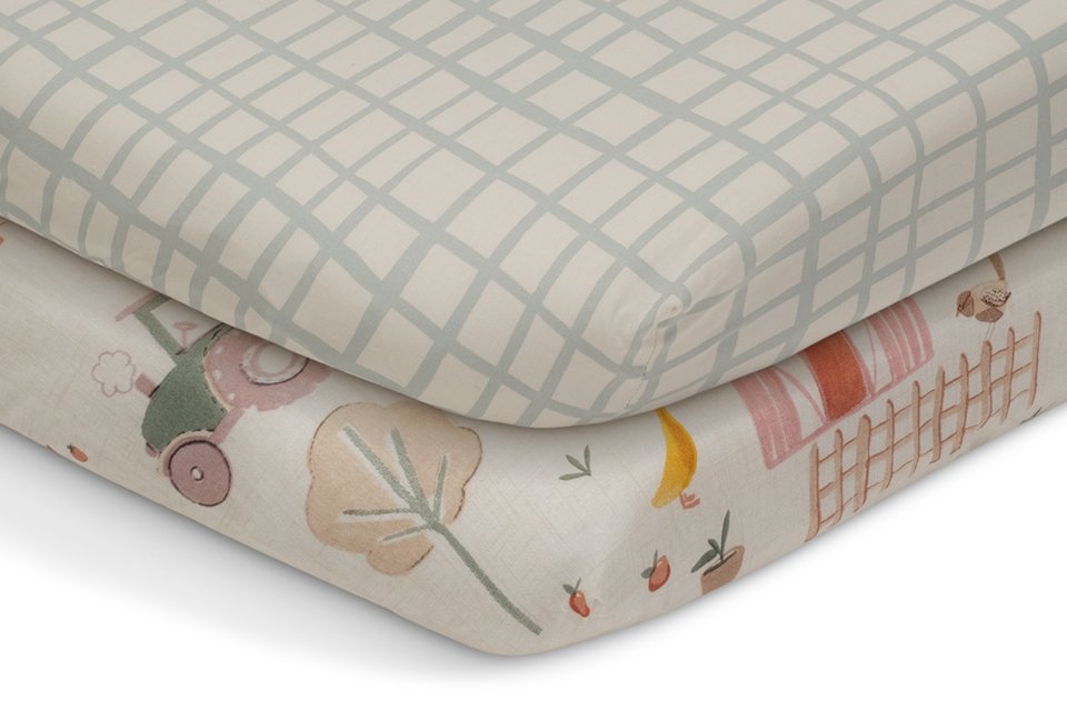 Two Habitat cotton little farm nursery fitted sheets for cots.