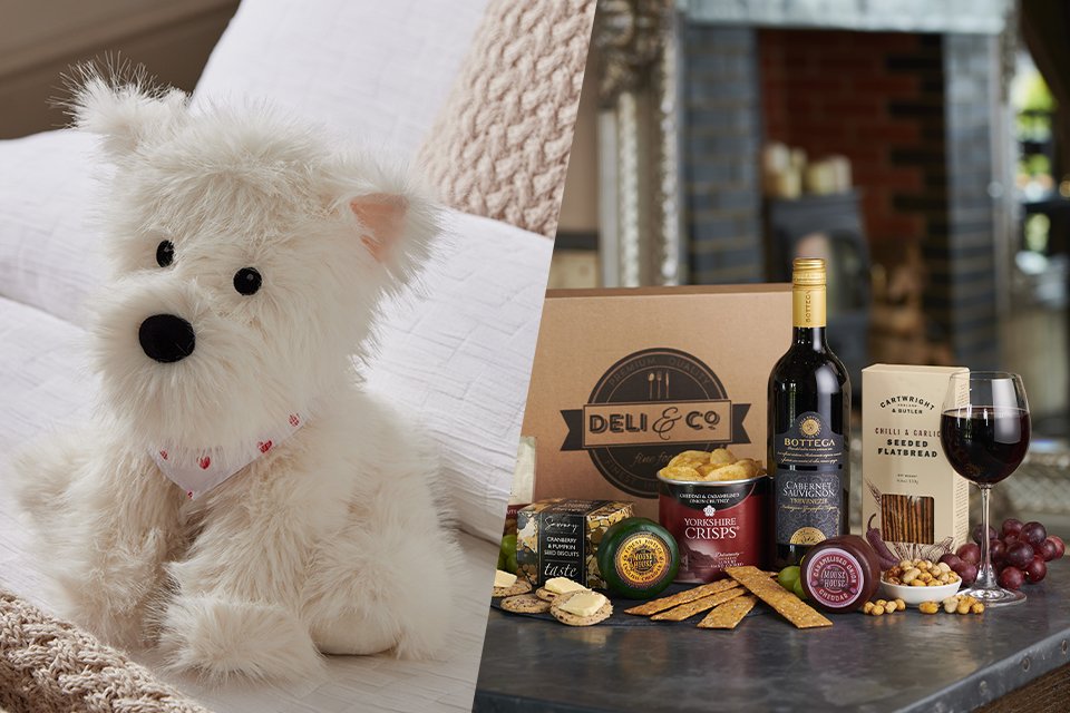A split image of a Home dog soft toy and a gift box package with wine.