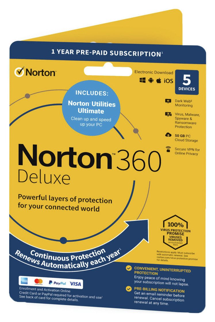 NORTON 360 Deluxe - 5 Device, 1 year auto-renew subscription