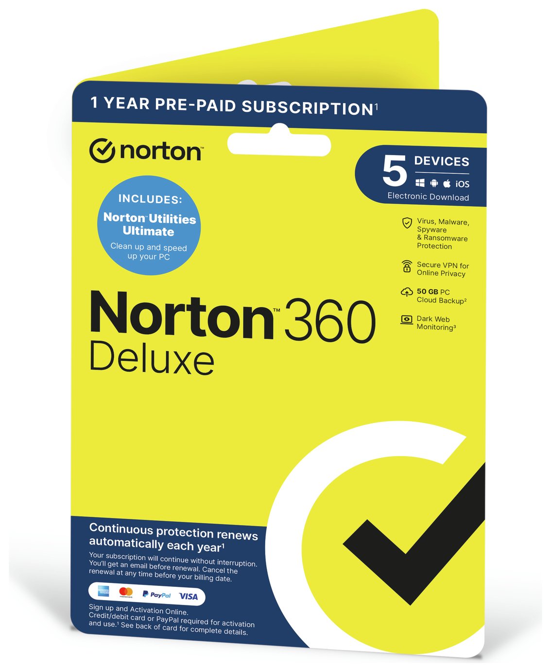 NORTON 360 Deluxe - 5 Device, 1 year auto-renew subscription