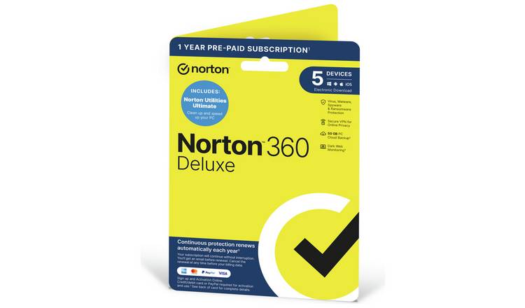 NORTON 360 Deluxe - 5 Device, 1 year auto-renew subscription