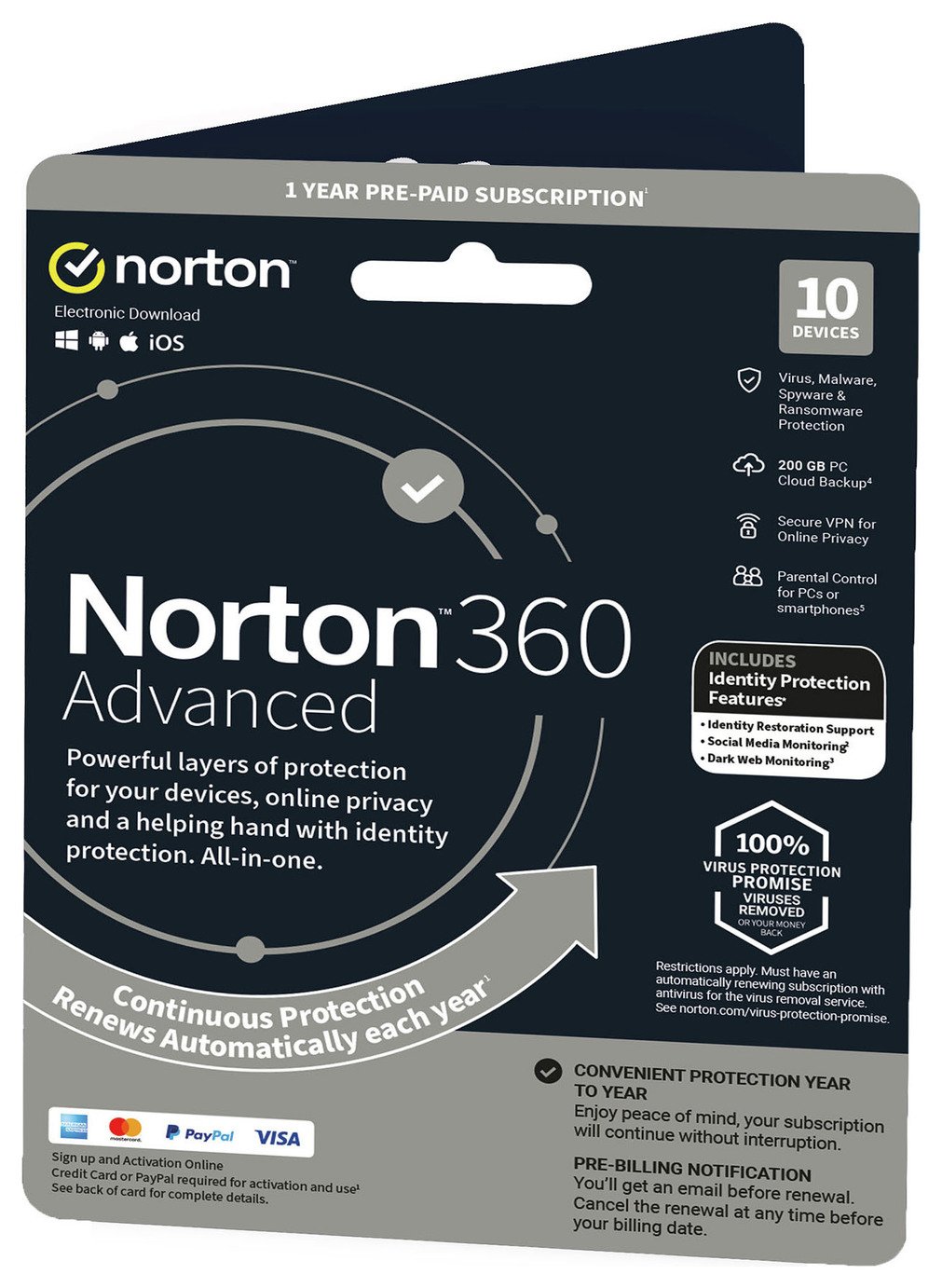 NORTON 360 Advanced - 10 Devices, 1 year auto-renewal
