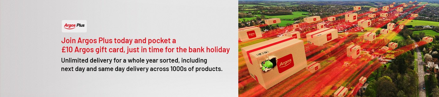 Join Argos Plus today and pocket a £10 gift card, just in time for the bank holiday. Unlimited delivery for a whole year sorted, including next day and same day delivery across 1000s of products