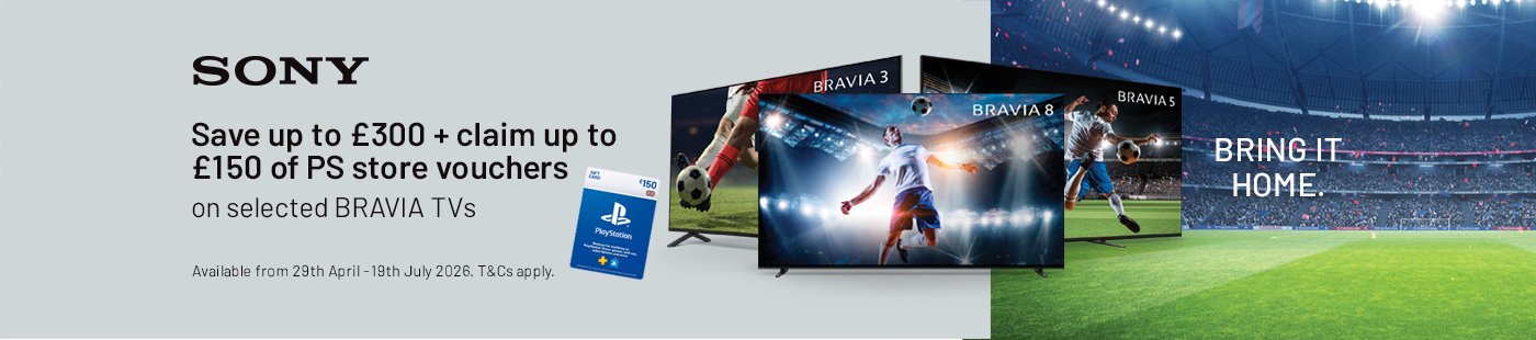 Sony. Save up to £300+ claim up to £150 of PS store vouchers on selected Bravia TVs.