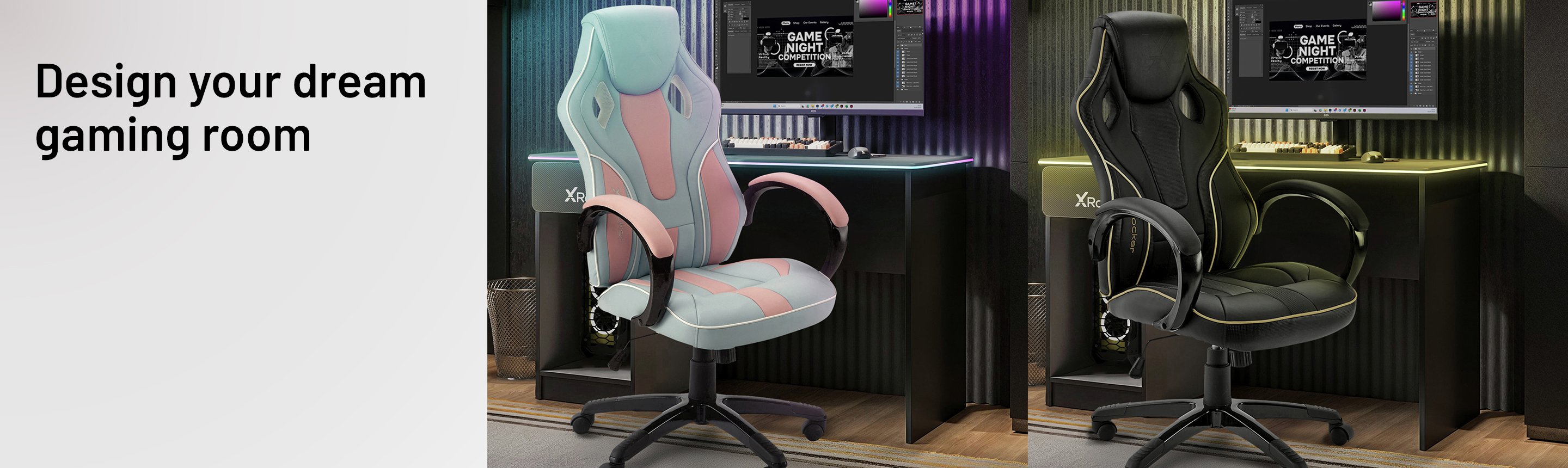 X Rocker Maverick Office Gaming Chair - Bubblegum and X Rocker Maverick Office Gaming Chair - Black and Gold.