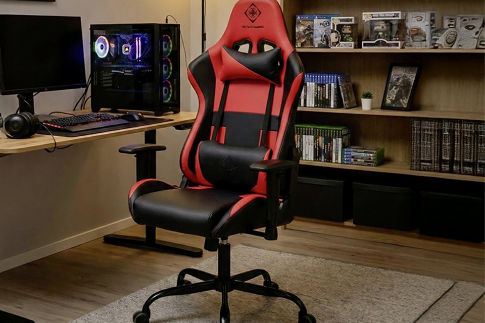 A Deltaco black and red gaming chair next to a wooden bookshelf with games and a monitor.