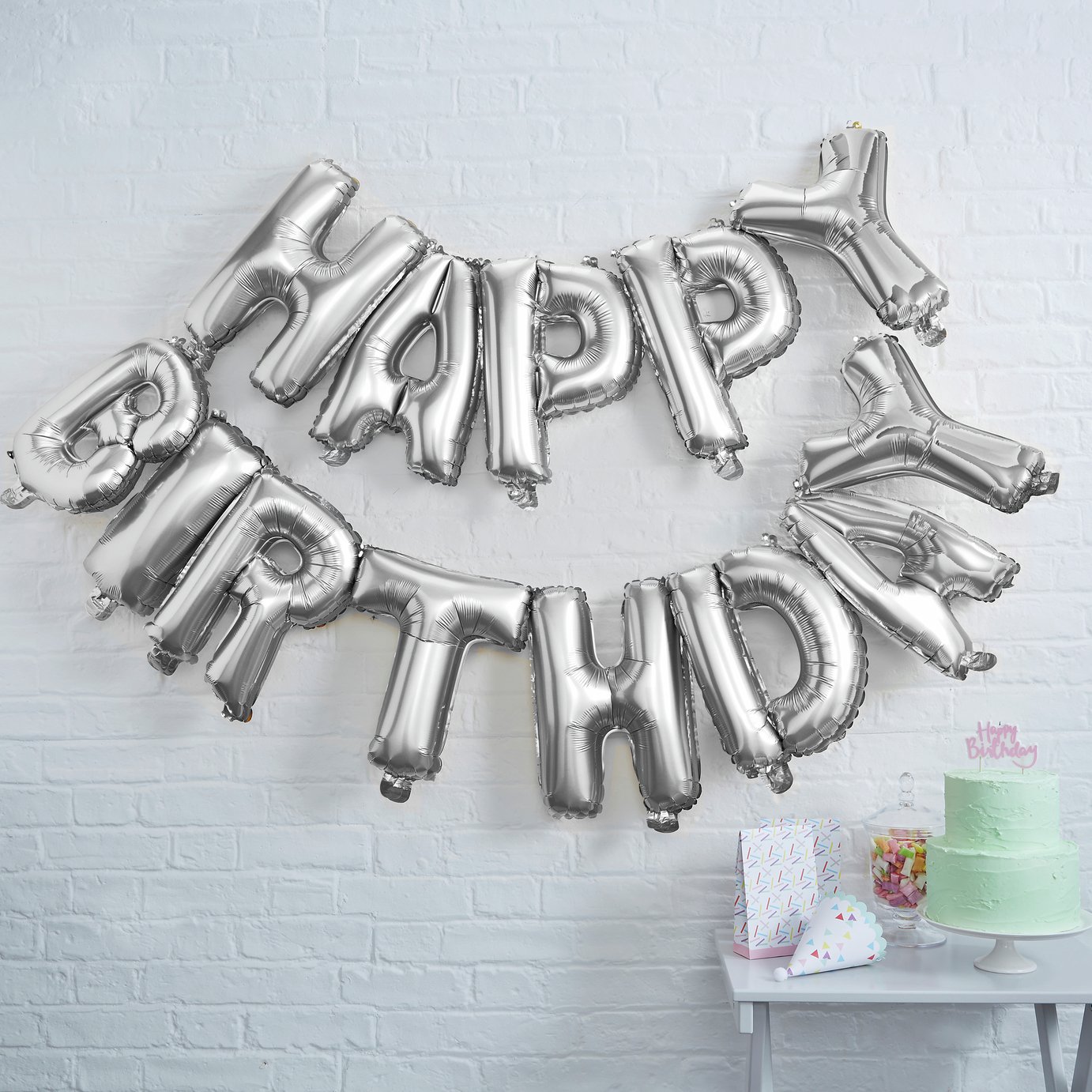 Buy Ginger Ray Silver Foil Happy Birthday Balloon Bunting | Balloons ...