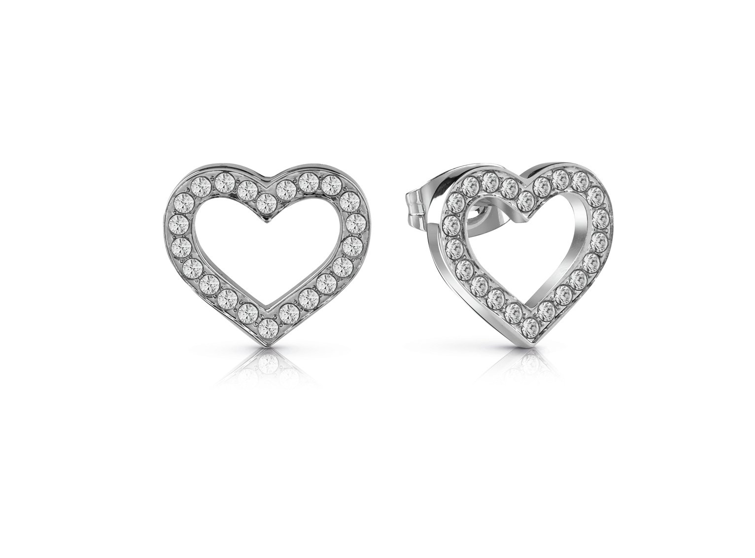 Guess Rhodium Plated Steel Crystal Heart Stud Earrings