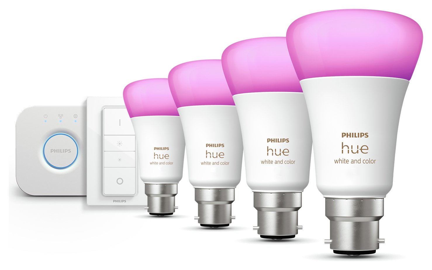 Philips Hue B22 Colour Bulb, Hue Bridge & Dimmer Mini-Kit