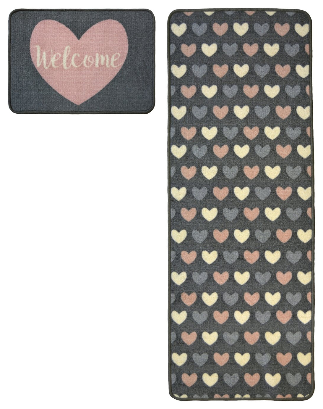 Homemaker Washable Hearts Mat and Runner - 57x230cm - Grey