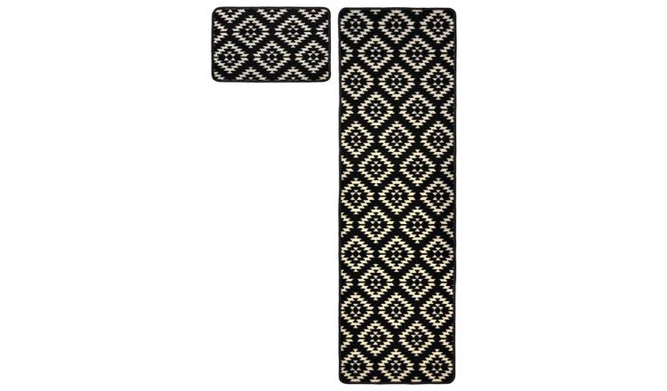 Homemaker Washable Geo Mat and Runner Set - 57x150cm - Black