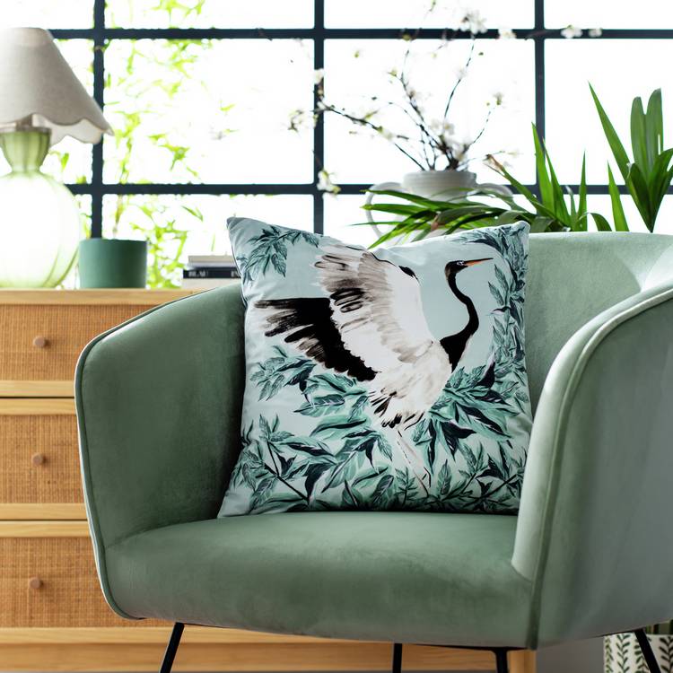 Habitat Crane Print Velvet Cushion - Multicoloured - 43x43cm 0