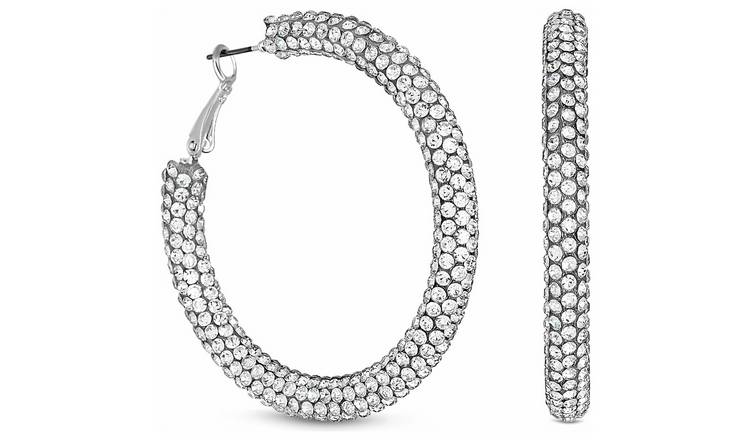 Rhinestone hoop earrings - Silver-coloured - Ladies