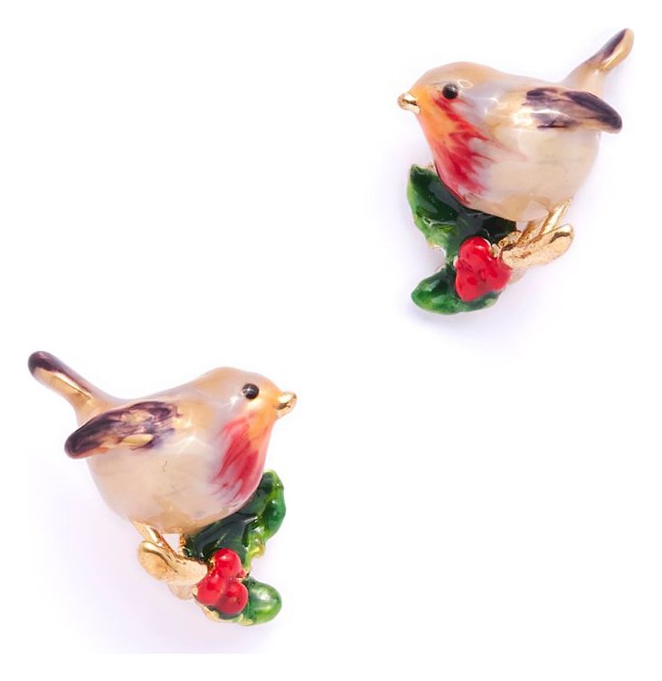 Bill Skinner Brass Hand Enamelled Robin Stud Earrings