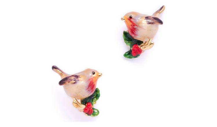 Bill Skinner Brass Hand Enamelled Robin Stud Earrings