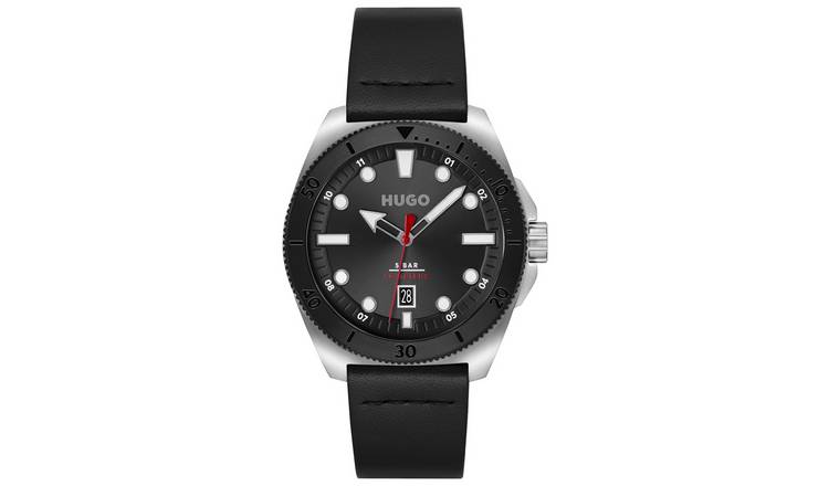 Buy HUGO Men s Black Leather Strap Watch Men s watches Argos