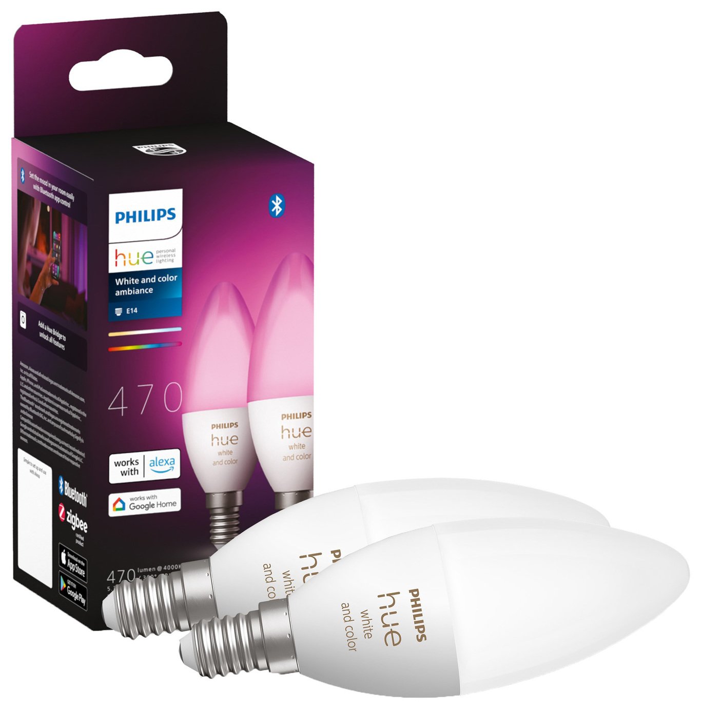 Philips Hue E14 Colour Smart Bulb With Bluetooth- 2 Pack