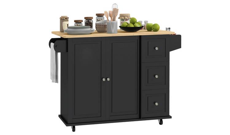 HOMCOM Wooden Rolling Kitchen Storage Trolley with Spice Rack - Black