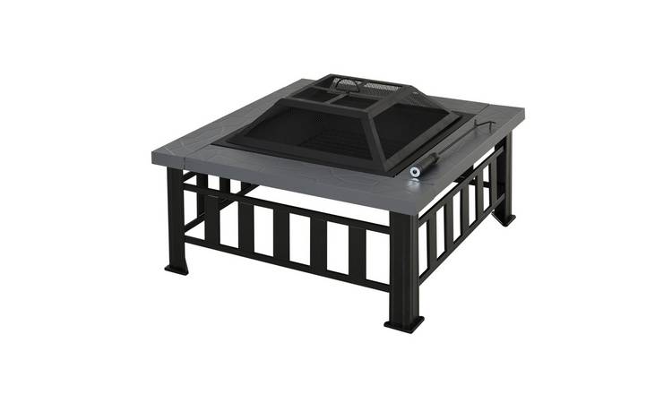 Outsunny Metal Square Fire Pit with Rain Cover - Black