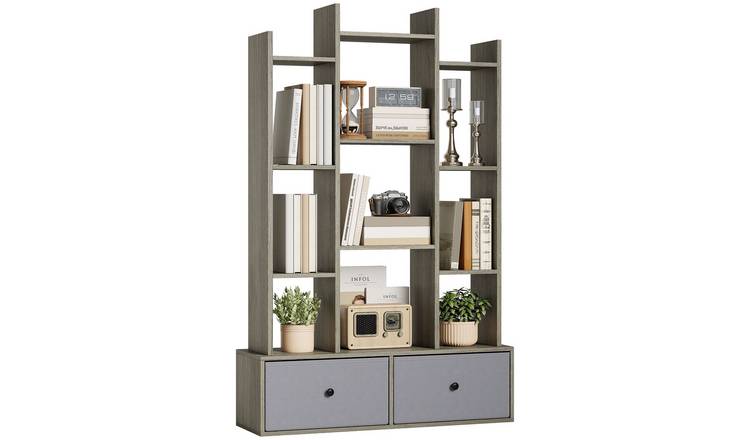 HOMCOM 12 Tier Freestanding Storage Bookcase with Drawers - Graphite Wood